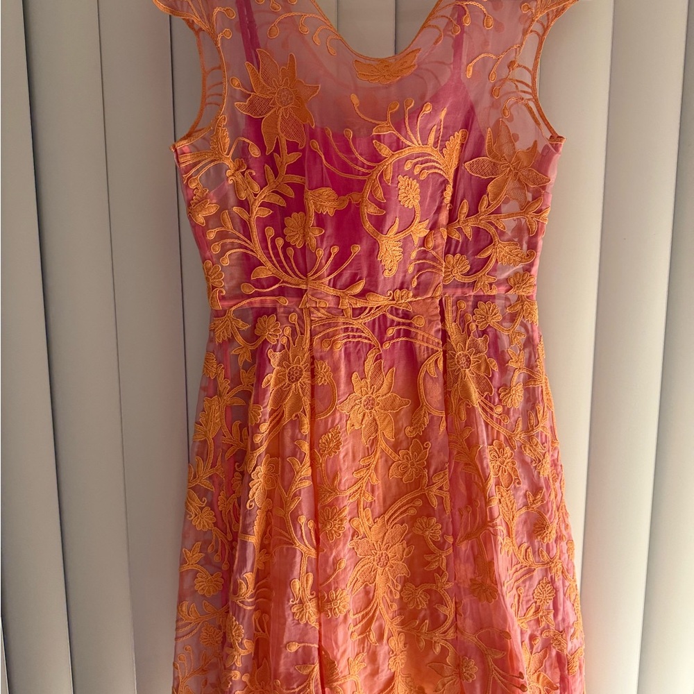 Elegant Floral Embroidered Dress - Pink and Orange